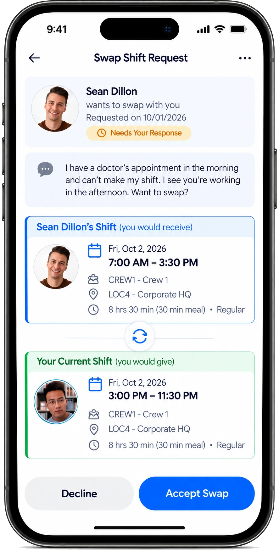 Traxxion shift-swap request comparing both employees’ shifts with accept and decline options