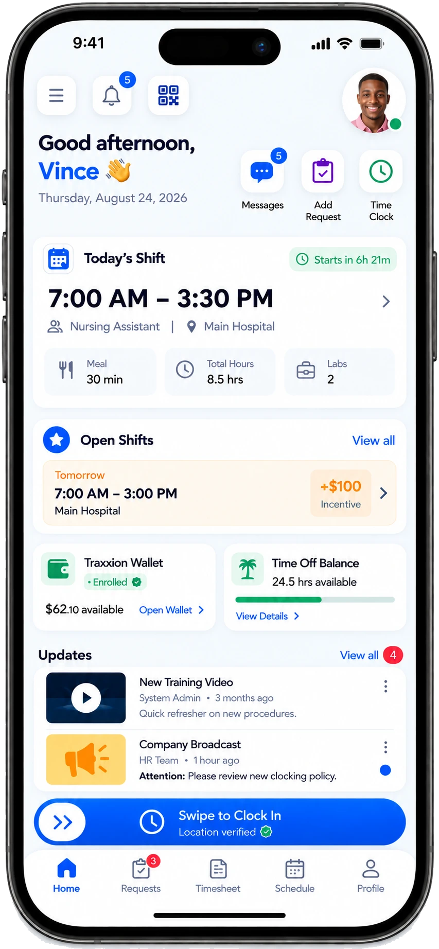 Traxxion mobile dashboard with today’s shift, open shifts, Wallet and time-off balance