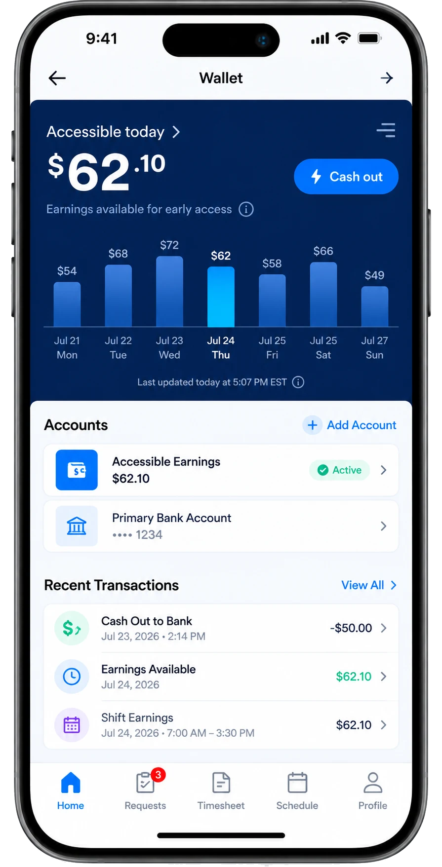 Traxxion Wallet showing accessible earnings, cash out, accounts and transactions